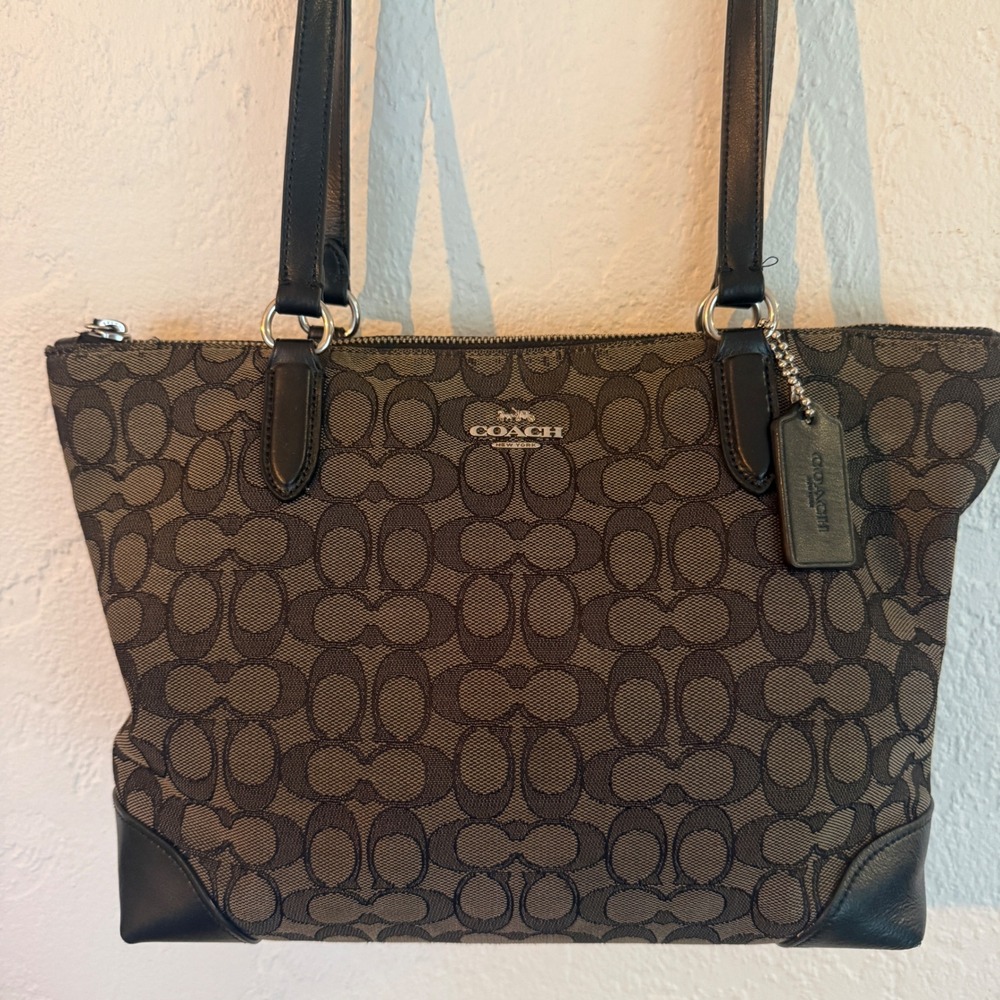 Coach Signature Zip Top Tote Dark Brown Jacquard Leather Shoulder Bag F29958
